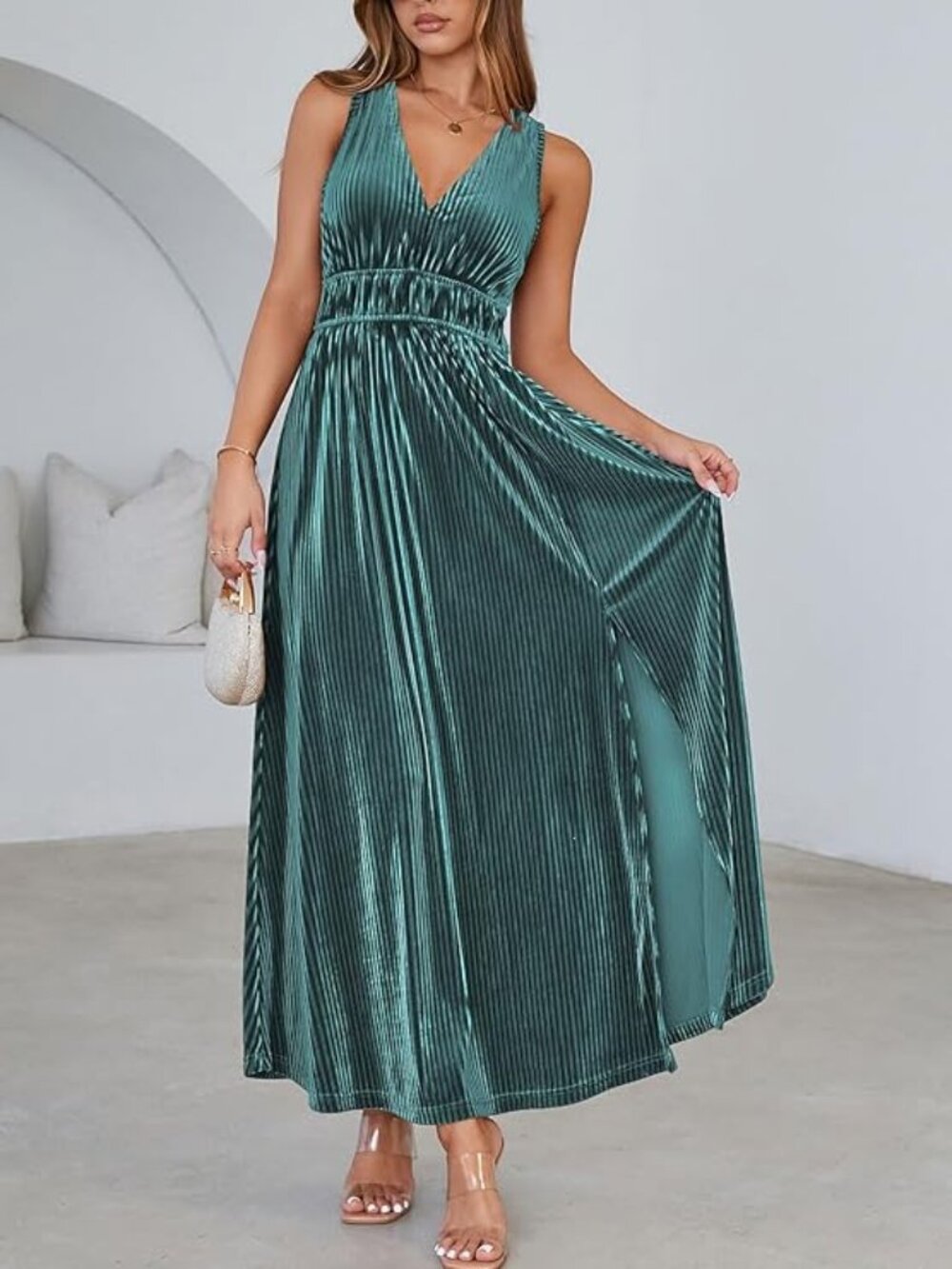 Flessibili Women's Sleeveless Velvet Maxi Dress High Slit